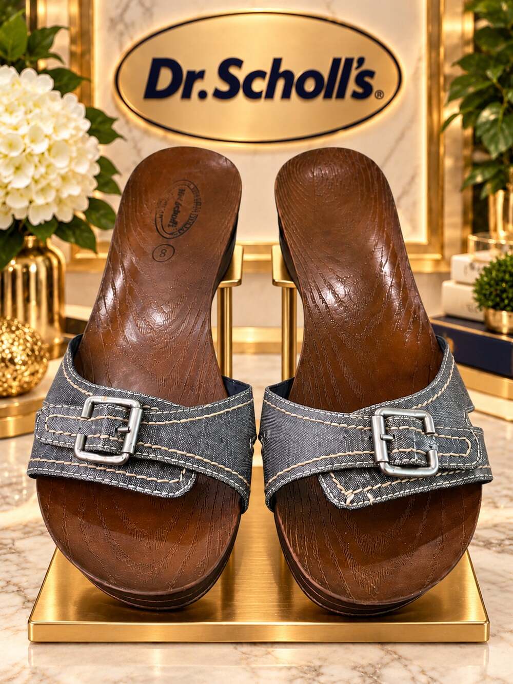 Dr. Scholl’s Bluish Gray Buckle Strap Wood Look Wedge Slide Sandals Size 8